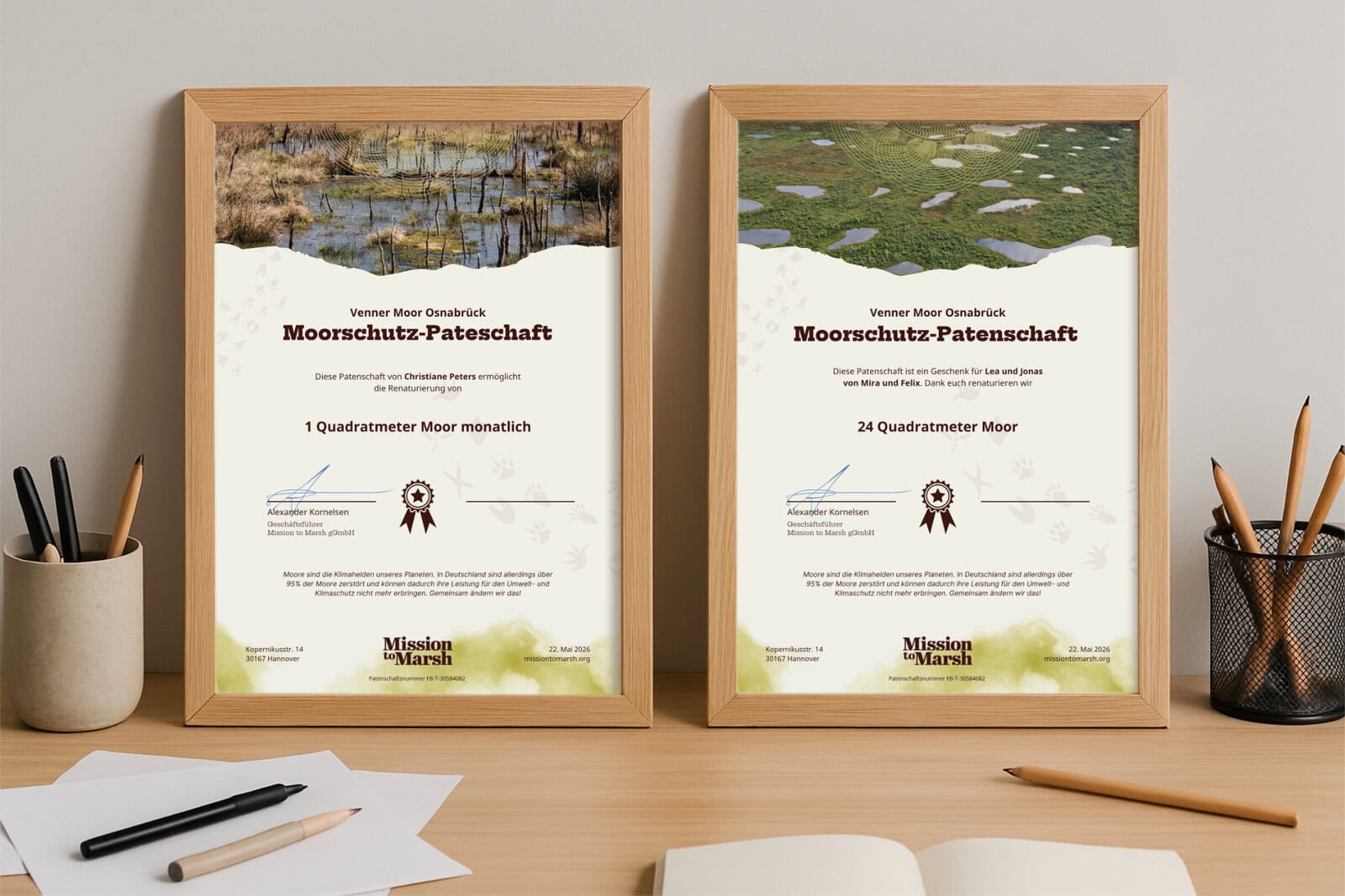 Moorpatenschaften gerahmt als Geschenk oder für sich selbst.